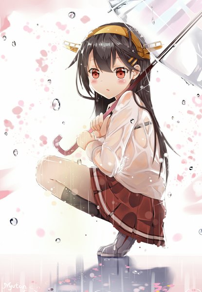 Anime picture 800x1155 with kantai collection haruna battleship myuton single long hair tall image blush fringe black hair hair between eyes red eyes sitting holding bent knee (knees) parted lips pleated skirt wet reflection rain squat