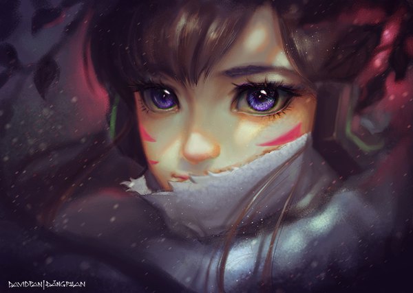 Anime picture 1280x912 with overwatch blizzard entertainment d.va (overwatch) david pan single long hair fringe brown hair purple eyes signed looking away wind facial mark portrait shaded face face covered mouth whisker markings makeup girl