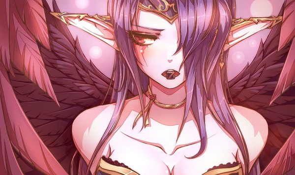 Anime picture 1600x950 with league of legends morgana (league of legends) beanbean1988 single long hair fringe open mouth red eyes wide image bare shoulders looking away purple hair pointy ears hair over one eye girl earrings wings food sweets chocolate
