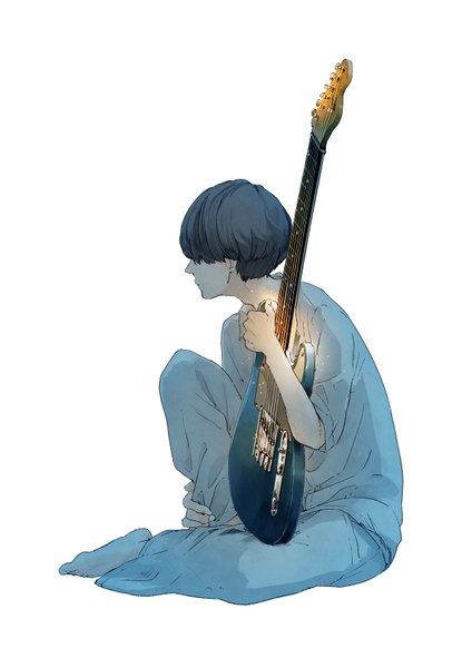 Anime picture 2480x3508 with original kuronokuro single tall image fringe highres short hair black hair simple background white background sitting holding looking away bent knee (knees) barefoot no shoes glow hair over eyes boy guitar