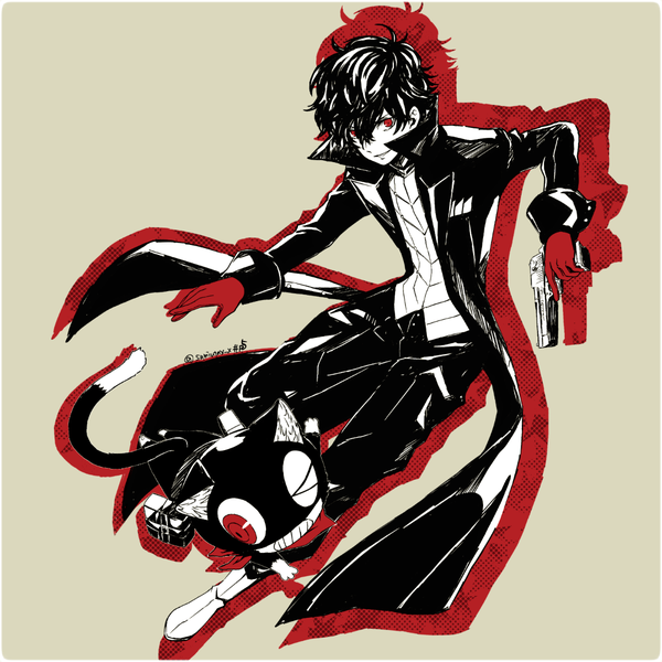 Anime picture 1200x1200 with persona 5 persona amamiya ren morgana (persona 5) kawasemi sumika single looking at viewer fringe short hair simple background smile hair between eyes red eyes signed full body twitter username polychromatic high contrast boy weapon