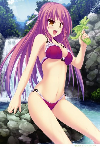 Anime picture 4940x7274 with tenmaso single long hair tall image highres breasts open mouth light erotic brown eyes absurdres purple hair scan official art waterfall girl navel swimsuit bikini water water gun