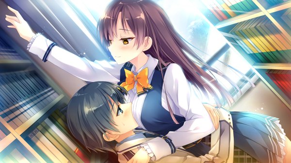 Anime picture 2560x1440 with koi suru kimochi no kasanekata ensemble (studio) kaburagi yukie ougi ren kimishima ao long hair blush fringe highres short hair breasts blue eyes light erotic brown hair wide image large breasts yellow eyes looking away game cg indoors