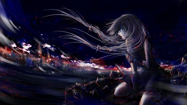 Anime picture 1600x900 with vocaloid ia (vocaloid) daisy (invisibleworld) single long hair blue eyes blonde hair wide image profile wind cityscape city lights holding arm girl