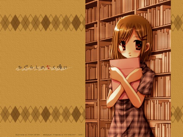 Anime picture 1280x960 with higurashi no naku koro ni studio deen takano miyo short hair wallpaper monochrome sepia book (books)
