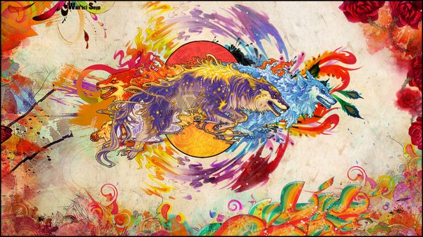 Anime picture 1920x1080 with original snyp (r0pyns) highres wide image wind abstract flower (flowers) water fire wolf