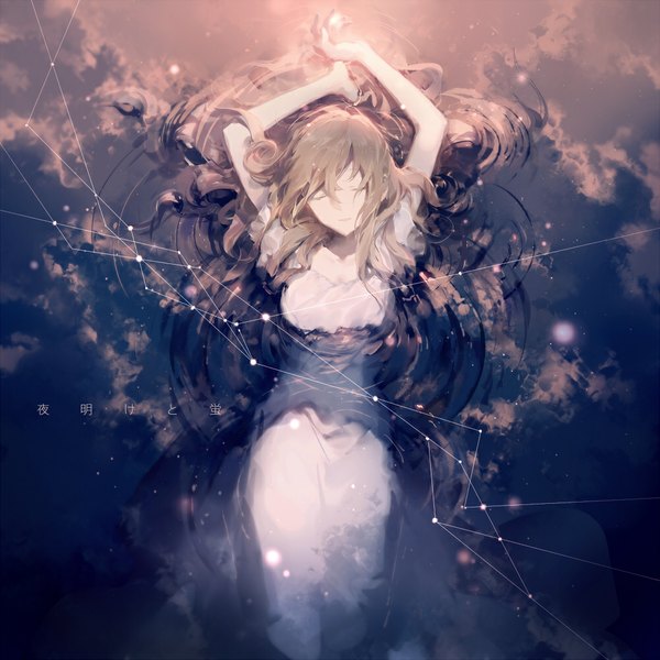 Anime picture 1000x1000 with nico nico singer mes (nico nico singer) rella single long hair fringe breasts blonde hair sky cloud (clouds) outdoors lying eyes closed head tilt arms up short sleeves on back partially submerged reflection girl
