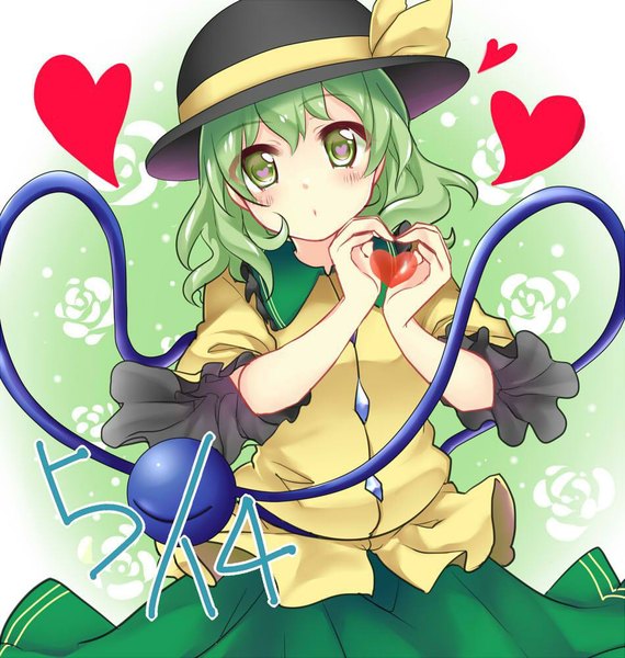 Anime picture 950x1000 with touhou komeiji koishi rimu (kingyo origin) single tall image looking at viewer blush short hair green eyes green hair from above dated symbol-shaped pupils green background heart hands girl hat heart hat ribbon