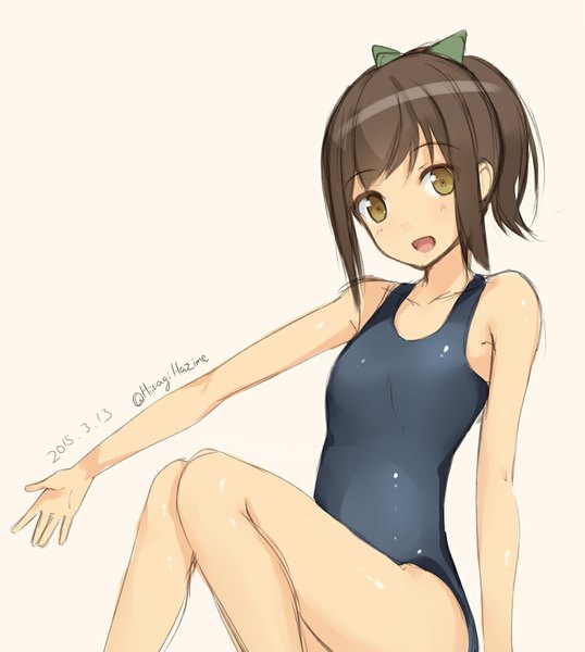 Anime picture 1000x1116 with tagme (character) hiiragi hajime single tall image looking at viewer blush fringe short hair open mouth simple background brown hair sitting brown eyes signed ponytail head tilt arm support shiny skin outstretched arm dated