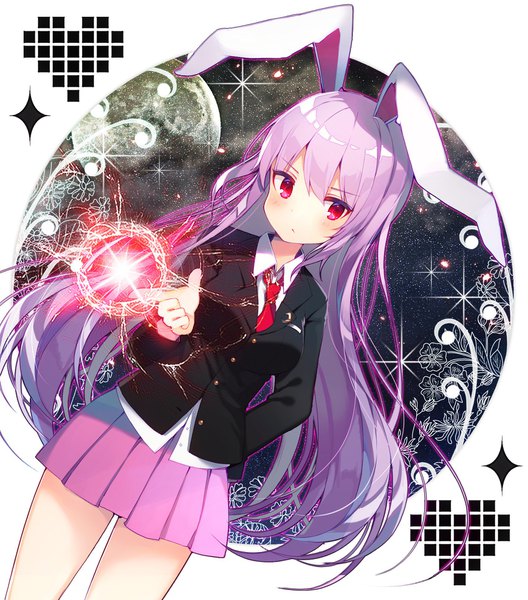 Anime picture 1700x1930 with touhou reisen udongein inaba koto seori single long hair tall image blush fringe hair between eyes red eyes animal ears looking away purple hair pleated skirt bunny ears hand on hip girl skirt miniskirt heart