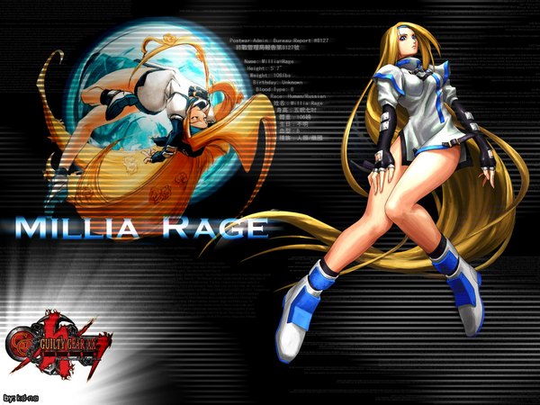 Anime picture 1024x768 with guilty gear millia rage single blue eyes blonde hair very long hair girl gloves elbow gloves hairband