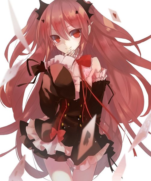 Anime picture 922x1101 with owari no seraph wit studio kururu tepes jne*jing single long hair tall image blush fringe simple background smile hair between eyes red eyes white background bare shoulders payot looking away pink hair long sleeves pointy ears