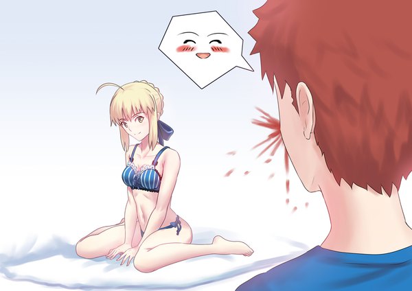 Anime picture 1052x744 with fate (series) fate/stay night artoria pendragon (all) saber emiya shirou fateline alpha looking at viewer blush fringe short hair breasts light erotic blonde hair simple background smile sitting green eyes payot ahoge ass
