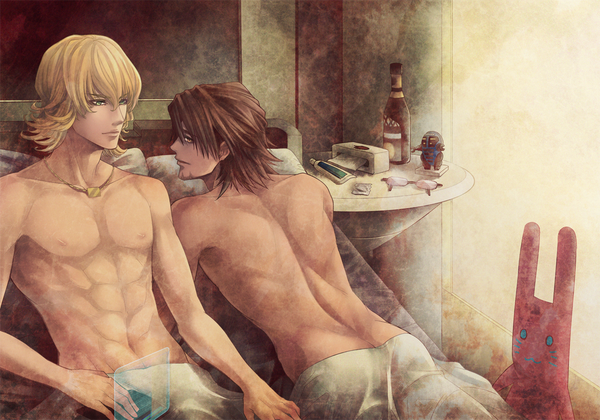 Anime picture 1109x777 with tiger & bunny sunrise (studio) kaburagi t. kotetsu barnaby brooks jr. wuyiwu short hair light erotic blonde hair brown hair looking back from behind back topless shounen ai boy jewelry toy stuffed animal table bottle