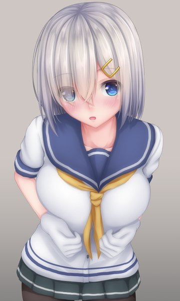 Anime picture 900x1500 with kantai collection hamakaze destroyer tapisuke single tall image looking at viewer blush short hair open mouth blue eyes silver hair grey background revision girl gloves hair ornament white gloves sailor suit