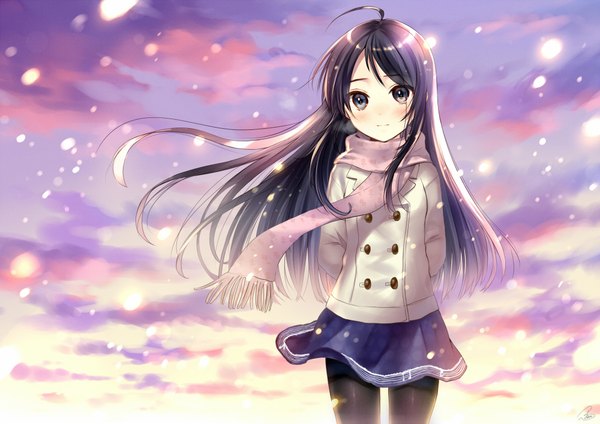 Anime picture 2000x1415 with original hanekoto single long hair looking at viewer blush highres black hair sky ahoge wind black eyes snowing winter hands behind back double buttons girl skirt miniskirt pantyhose
