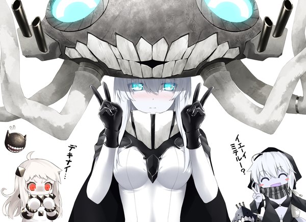 Anime picture 1200x870 with kantai collection wo-class aircraft carrier northern ocean hime re-class battleship haribote (tarao) long hair blush open mouth simple background smile red eyes white background multiple girls white hair eyes closed teeth loli fang (fangs) embarrassed glowing