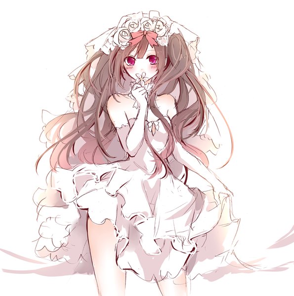 Anime picture 875x883 with original nanase eka single long hair tall image looking at viewer blush simple background brown hair standing white background bare shoulders holding pink eyes hair flower girl dress gloves hair ornament flower (flowers)