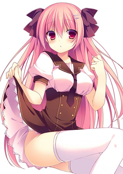 Anime picture 800x1130 with original ringonotane (muku) single long hair tall image looking at viewer blush light erotic simple background white background sitting pink hair pink eyes no panties dress lift girl thighhighs dress hair ornament bow