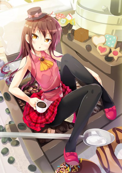 Anime picture 849x1200 with cafe-chan to break time cafe (cafe-chan to break time) porurin single long hair tall image blush brown hair sitting brown eyes looking away sleeveless minigirl girl skirt hat miniskirt pantyhose food sweets