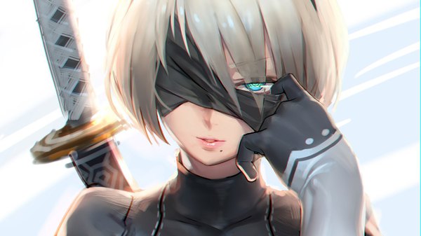 Anime picture 1280x720 with nier nier:automata yorha no. 2 type b gorgeous mushroom single looking at viewer fringe short hair wide image silver hair upper body parted lips aqua eyes light smile hair over one eye mole lipstick mole under mouth pink lipstick sheathed