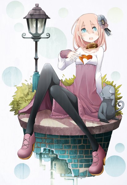 Anime picture 2170x3156 with original takagi (tansuke) tansuke single tall image looking at viewer blush highres short hair open mouth blue eyes sitting pink hair hair flower girl hair ornament flower (flowers) animal pantyhose shoes