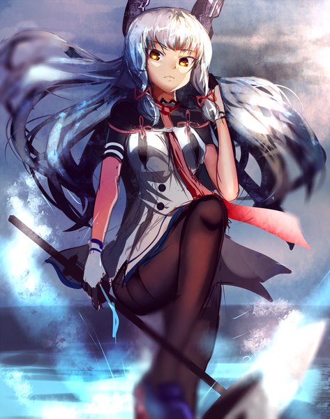 Anime picture 1200x1520 with kantai collection murakumo destroyer hizagawa rau single long hair tall image looking at viewer fringe standing holding yellow eyes silver hair bent knee (knees) wind from below short sleeves serious tress ribbon sketch remodel (kantai collection)