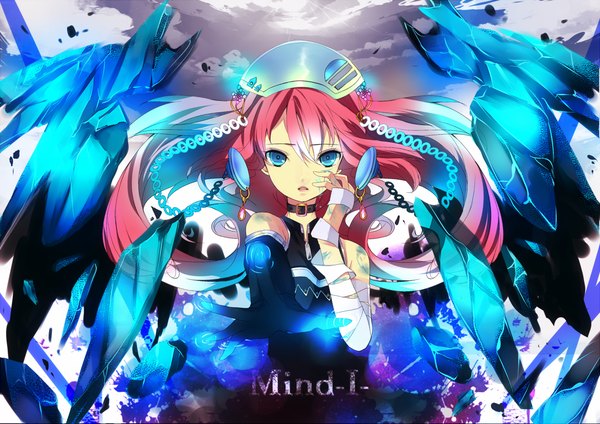 Anime picture 1200x849 with vocaloid megurine luka aoi (kirabosi105) single long hair looking at viewer fringe open mouth blue eyes hair between eyes bare shoulders pink hair floating hair text outstretched arm english hand on cheek girl gloves wings