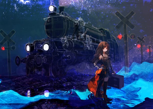 Anime picture 1240x890 with original 86thunder single long hair looking at viewer smile brown hair standing brown eyes night night sky railroad crossing girl star (stars) train suitcase railways railroad tracks