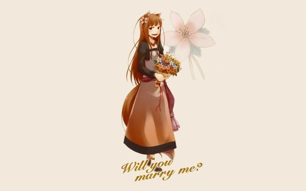 Anime picture 1024x640 with spice and wolf horo single long hair open mouth red eyes brown hair wide image white background hair flower inscription dress hair ornament bouquet