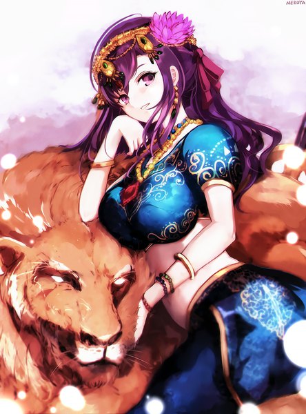 Anime picture 792x1069 with fate (series) fate/grand order matou sakura parvati (fate/grand order) nekoya (liu) single long hair tall image fringe breasts purple eyes purple hair traditional clothes hair flower midriff head rest indian clothes girl flower (flowers) animal