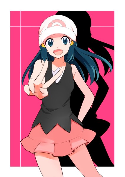 Anime picture 1413x2000 with pokemon pokemon dppt nintendo dawn (pokemon) yuihiko single long hair tall image looking at viewer open mouth blue eyes bare shoulders blue hair shadow hand on hip outstretched arm victory pink background framed girl