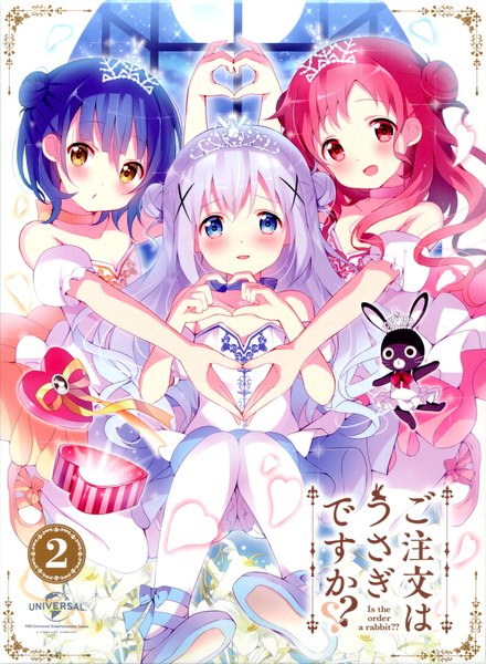 Anime picture 1653x2253 with gochuumon wa usagi desu ka? white fox kafuu chino jouga maya natsu megumi koi (koisan) long hair tall image looking at viewer blush short hair open mouth blue eyes smile red eyes bare shoulders multiple girls yellow eyes blue hair silver hair