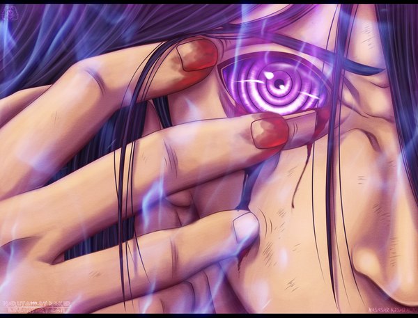 Anime picture 1544x1177 with naruto studio pierrot naruto (series) uchiha madara naruto999-by-roker single long hair black hair purple eyes coloring magic glowing close-up face glowing eye (eyes) rinnegan boy blood