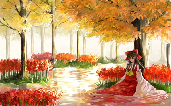 Anime picture 1680x1050 with touhou hakurei reimu ajino motoko single long hair fringe black hair sitting eyes closed long sleeves girl flower (flowers) bow plant (plants) hair bow detached sleeves tree (trees) water forest ascot