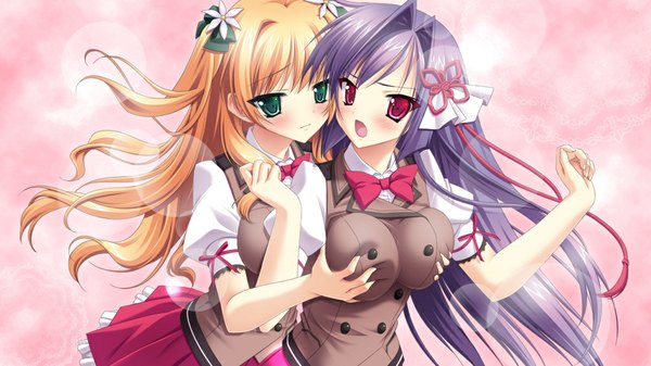 Anime picture 1024x576 with shion no ketsuzoku (game) long hair blush open mouth light erotic red eyes wide image multiple girls green eyes game cg purple hair orange hair breast grab sexual harassment girl 2 girls