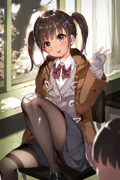 Anime picture 1000x1500 with original hoshii hisa long hair tall image looking at viewer blush light erotic brown hair brown eyes bent knee (knees) indoors long sleeves head tilt pleated skirt arm up sunlight blurry open jacket pantyshot torn clothes