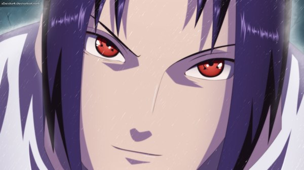 Anime picture 1492x840 with naruto studio pierrot naruto (series) uchiha sasuke xdeidar4 single short hair red eyes wide image purple hair light smile coloring close-up rain face sharingan boy