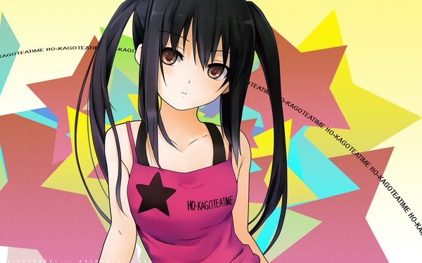 Anime picture 1920x1200 with k-on! kyoto animation nakano azusa coffee-kizoku long hair looking at viewer highres black hair wide image twintails brown eyes inscription girl