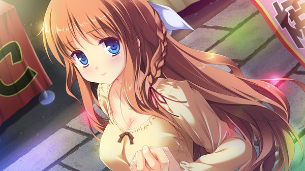 Anime picture 1920x1080 with melty moment orie yuuka long hair looking at viewer blush highres blue eyes brown hair wide image game cg braid (braids) light smile girl dress