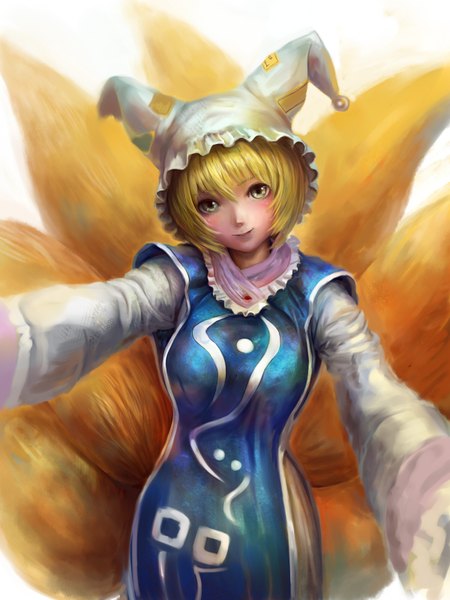 Anime picture 1200x1600 with touhou yakumo ran occult soda single tall image short hair blonde hair animal ears animal tail light smile realistic grey eyes fox ears fox tail multiple tails girl hat