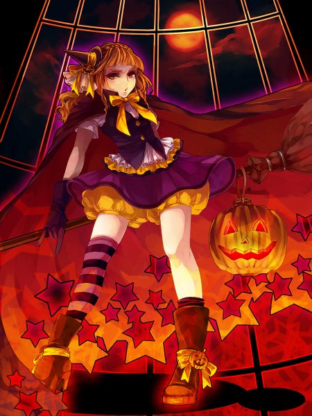 Anime picture 900x1200 with original awa toka single tall image looking at viewer fringe short hair red eyes orange hair halloween witch girl thighhighs gloves boots moon cape witch hat striped thighhighs full moon