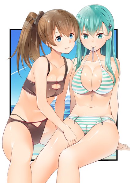 Anime picture 1003x1416 with kantai collection suzuya heavy cruiser kumano heavy cruiser byte (allbyte) long hair tall image fringe breasts blue eyes light erotic hair between eyes brown hair large breasts multiple girls holding sky ponytail aqua eyes aqua hair arm support