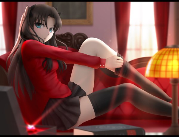Anime picture 1300x1000 with fate (series) fate/stay night toosaka rin siraha single long hair looking at viewer blue eyes black hair legs girl thighhighs skirt bow black thighhighs hair bow miniskirt couch