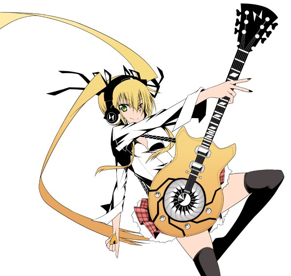 Anime picture 1200x1140 with daive blonde hair white background twintails heterochromia thighhighs black thighhighs serafuku headphones musical instrument guitar