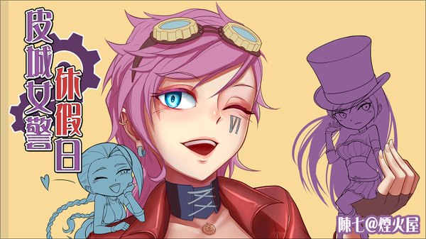 Anime picture 1500x844 with league of legends jinx (league of legends) caitlyn (league of legends) vi (league of legends) chen qi (chanseven) short hair open mouth blue eyes simple background smile wide image multiple girls pink hair very long hair one eye closed wink facial mark yellow background girl earrings