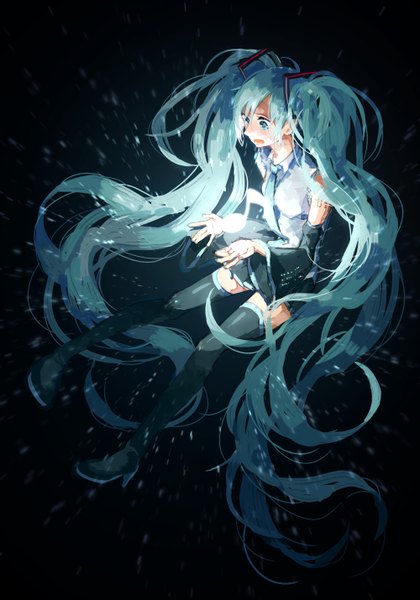 Anime picture 1000x1429 with vocaloid hatsune miku pechi single tall image fringe open mouth simple background twintails bare shoulders bent knee (knees) very long hair pleated skirt aqua eyes aqua hair wide sleeves black background dark background surprised girl