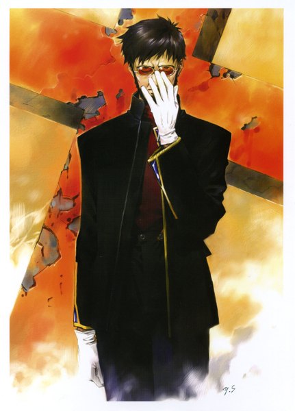 Anime picture 2090x2909 with neon genesis evangelion gainax ikari gendou sadamoto yoshiyuki single tall image highres short hair black hair standing framed formal sidewhiskers boy gloves uniform choker glasses cross sunglasses