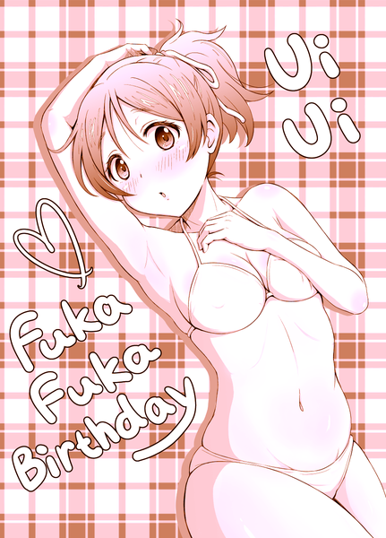 Anime picture 935x1300 with k-on! kyoto animation hirasawa ui ckst single tall image looking at viewer short hair light erotic brown hair brown eyes ponytail parted lips character names hand on head plaid plaid background girl ribbon (ribbons) swimsuit