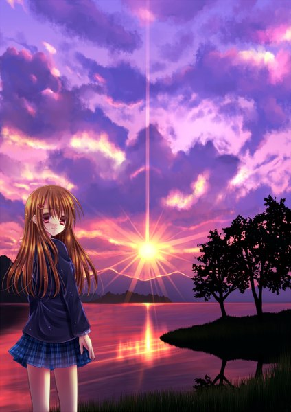 Anime picture 1000x1414 with original momomiya mion long hair tall image red eyes brown hair sky cloud (clouds) looking back evening sunset mountain lake girl skirt plant (plants) miniskirt tree (trees)